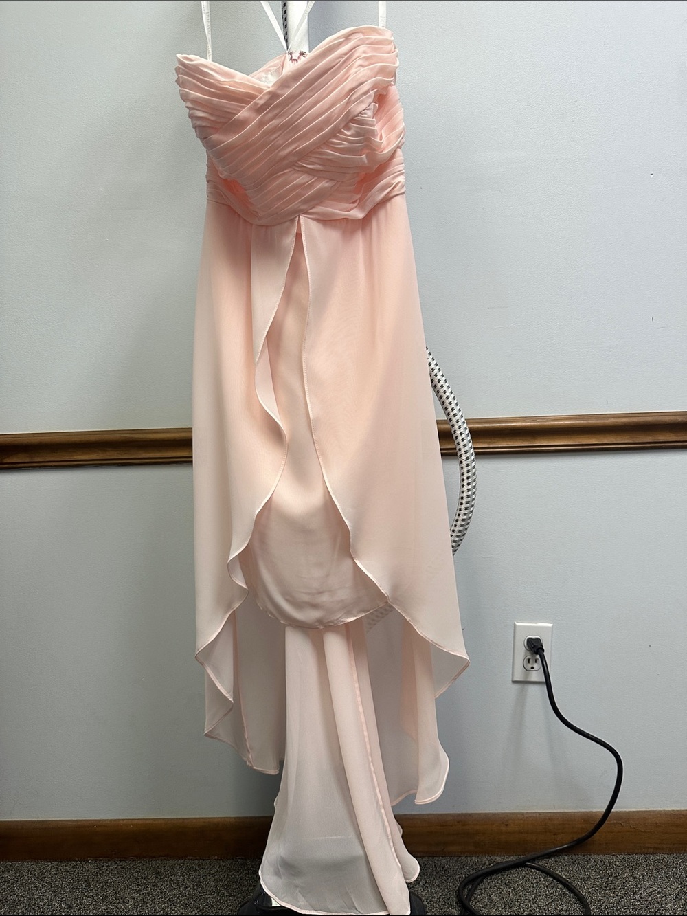David's Bridal Blush Pink Strapless High-Low Chiffon Gown